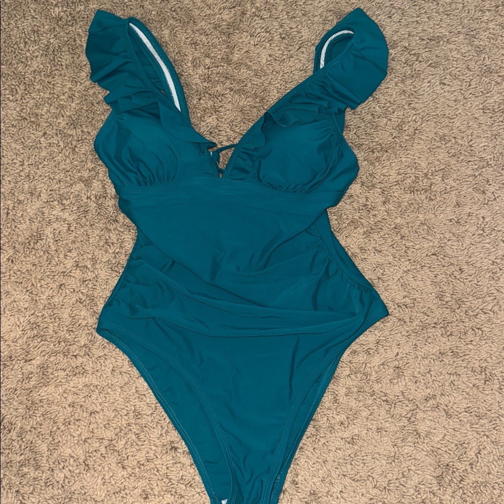 Cupshe Teal Ruffled V-Neck Swimsuit NWT size S - Picture 4 of 8